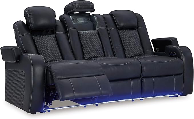 Signature Design by Ashley Fyne-Dyme Contemporary Power Reclining Sofa with USB Charging Ports and Adjustable Headrest, Blue