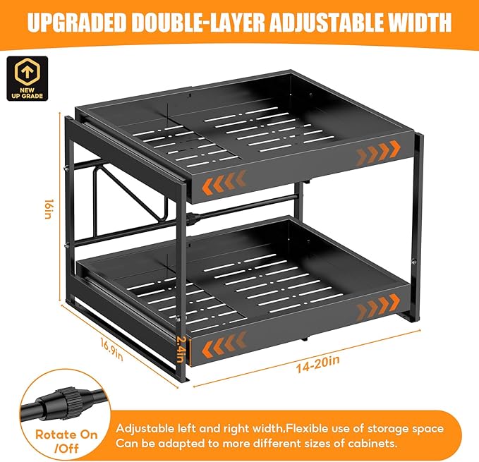 2-Tier Expandable Pull Out Cabinet Organizer, 16.9" Deep Heavy-Duty Slide Rail Slide Out Drawer Organizers with Adhesive Nano Film for Pots, Roll out Shelf Storage for Kitchen & Pantry Storage,Black