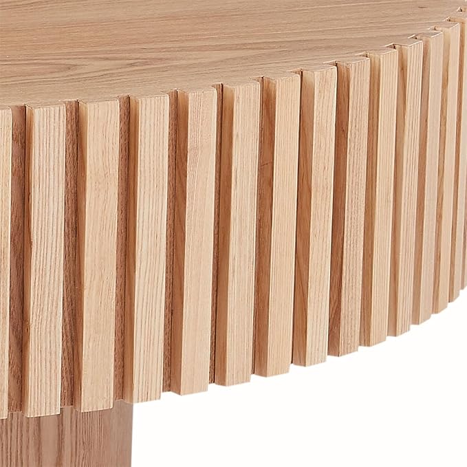 Round Coffee Table for Living Room, Accent Fluted Drum Coffee Table with Storage, Modern Solid Wood Circle Center Tea Table for Small Space Apartment (39.4''D×14''H-Natural)