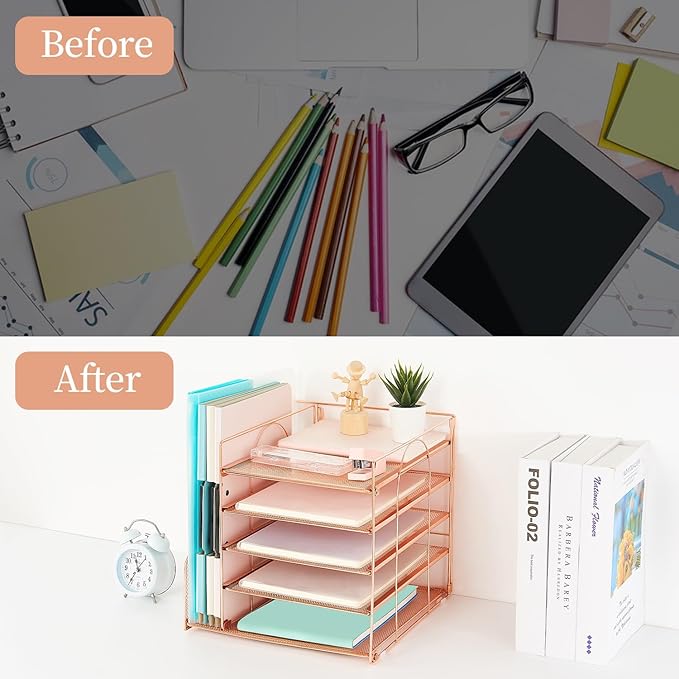 AUPSEN Desk Organizer with File Holder, 5 Trays Paper Letter Tray Organizer, Mesh Desk Organizers and Accessoriesand for Home Office (Rose Gold)