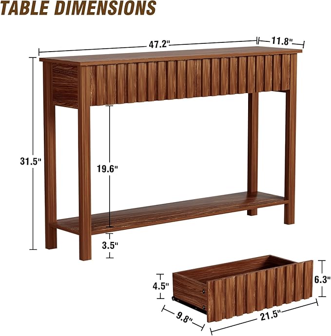Console Table with 2 Fluted Drawers,Entryway Table with Open Storage Shelf, 47.2" Wood Sofa Table for Living Room and Hallway Brown