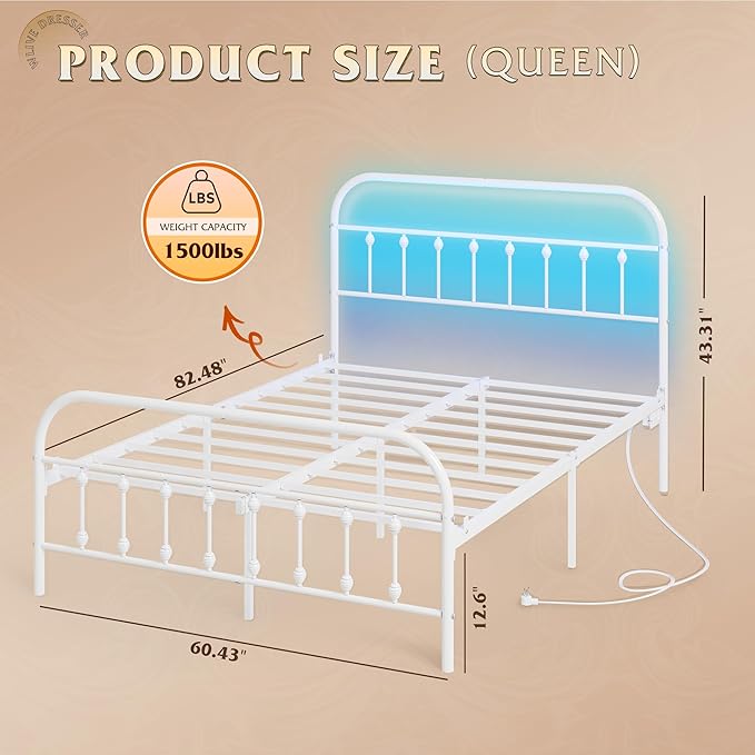 WLIVE Queen Bed Frame with Headboard, Bed Frame Queen Size with LED Lights and Charging Station, Metal Bed Frames with Storage, White