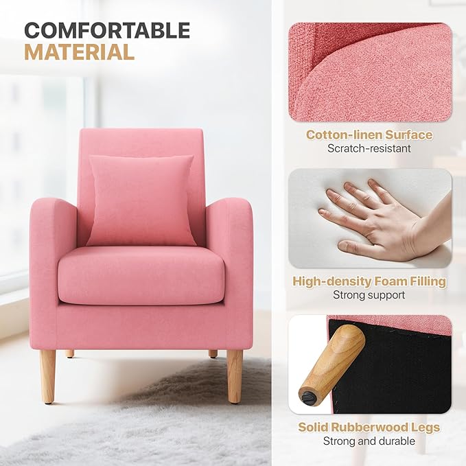 Magshion Mid-Century Accent Chair for Living Room, Comfy Reading Chair for Bedroom, Upholstered Linen Fabric Armchair Single Sofa with Back Pillow & Wood Legs, 300 lbs Capacity, Pink