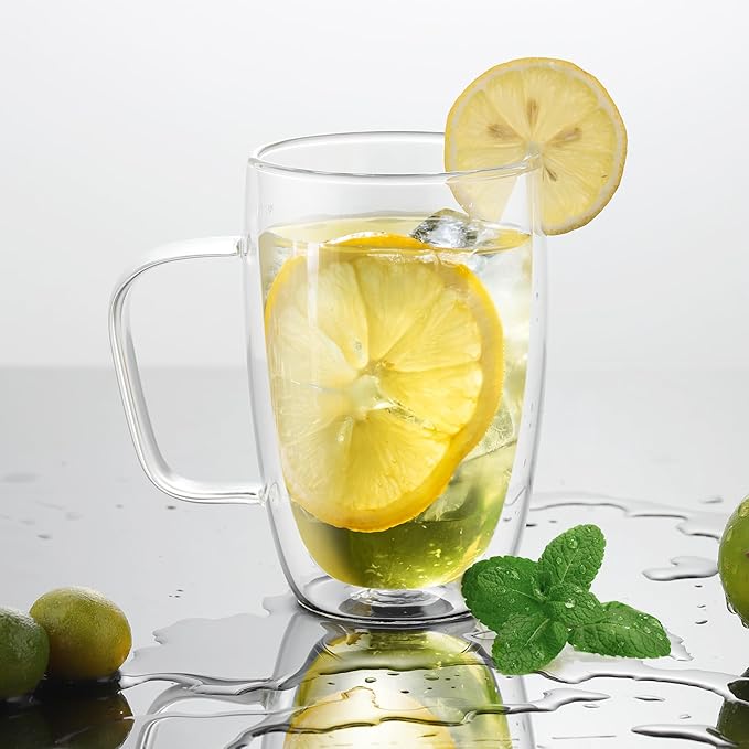 Joeyan Large Clear Double Walled Glass Coffee Mugs 16 oz, Double Layer Tea Latte Cappuccino Glasses Cups with Handle, Double Lined Insulated High Borosilicate Glassware for Hot Drinks, Set of 2