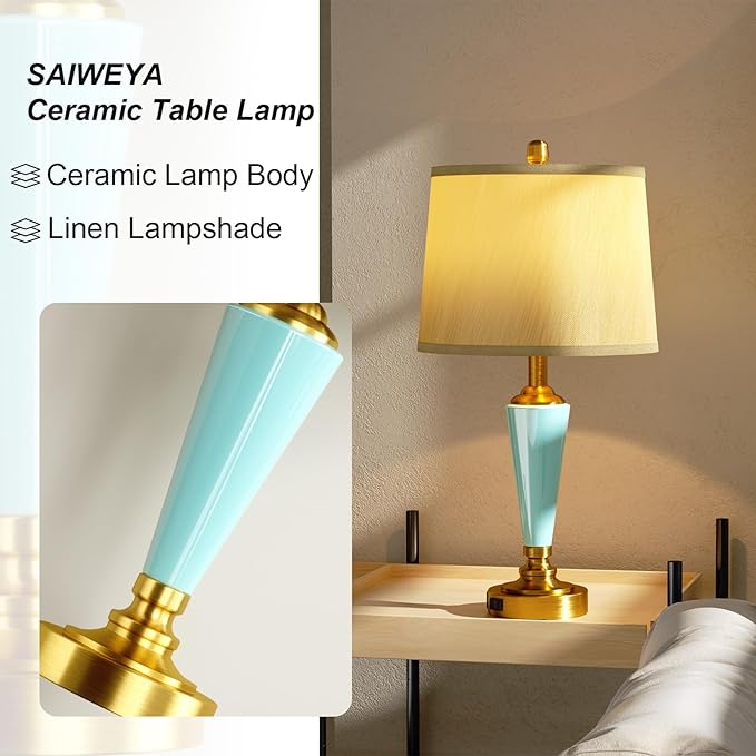 24" Ceramic Table Lamp with 3 Way Dimmable Touch Lamps - 2 USB Ports & AC Outlet Bedside Lamps, Modern Nightstand Lamp for Bedroom Living Room Office (Bulb Included) (Sky Blue-2 Pack)