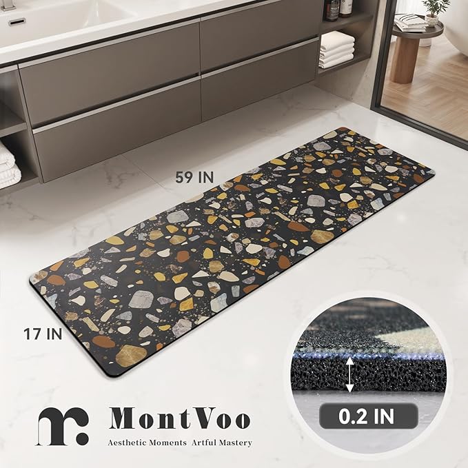 MontVoo -Bath Mat-Non Slip Thin Bathroom Rugs Fit Under Door- Quick Dry Absorbent Faux Suede Surface Grey Bathroom Floor Mats-Shower Rug for in Front of Bathtub Shower Black & Multi Color 17x59