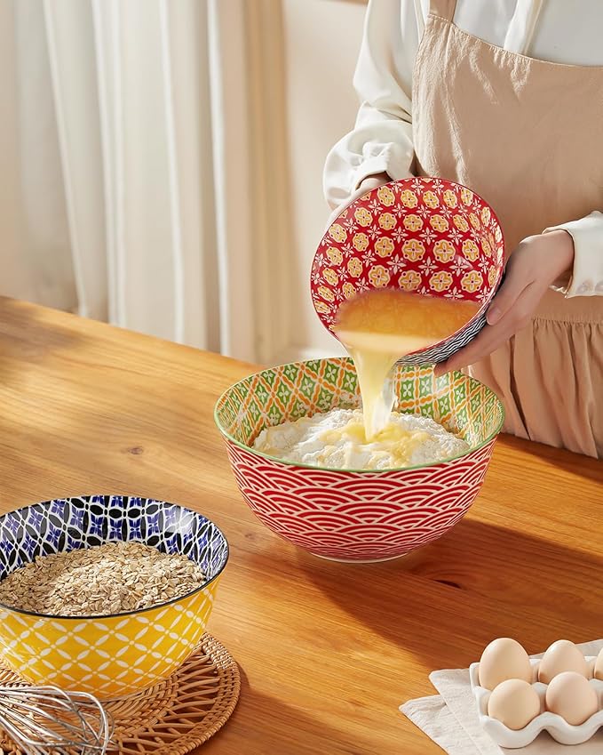 Ceramic Mixing Bowls for Kitchen, Colorful Nesting Bowls, Large Serving Bowls for Prepping, Baking, Mixing, Salad, Microwave Dishwasher Safe, 3.7/2.3/1.4 Qt, Set of 3