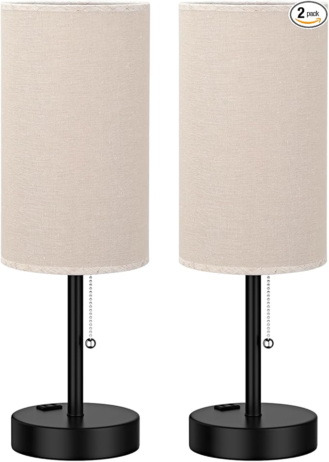 Plus Beige Bedside Table Lamps Set of 2-3 Color Temperatures Pull Chain Lamp with AC Outlet Charging Port, Two Round Night Stand Lamps for Bedroom Guest Room Office, Bed Side Light