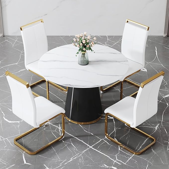 45 Inch Round Dining Table Set for 4, 5 Piece Kitchen Table and Chairs Set, White Faux Marble Table Top, Small Space Dining Set for Apartment or Dining Room