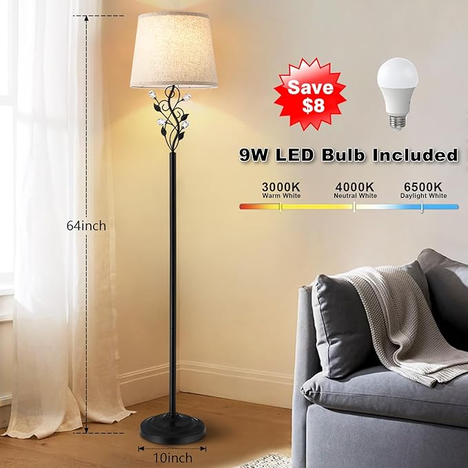 Sheeta 65’’ Floor Lamps for Living Room with 3 Color Temperatures LED Bulb, Standing Lamp Tall Farmhouse Floor Lamp with Rustic Leaf Design, Tall Lamps for Living Room Bedroom Office Reading, Black