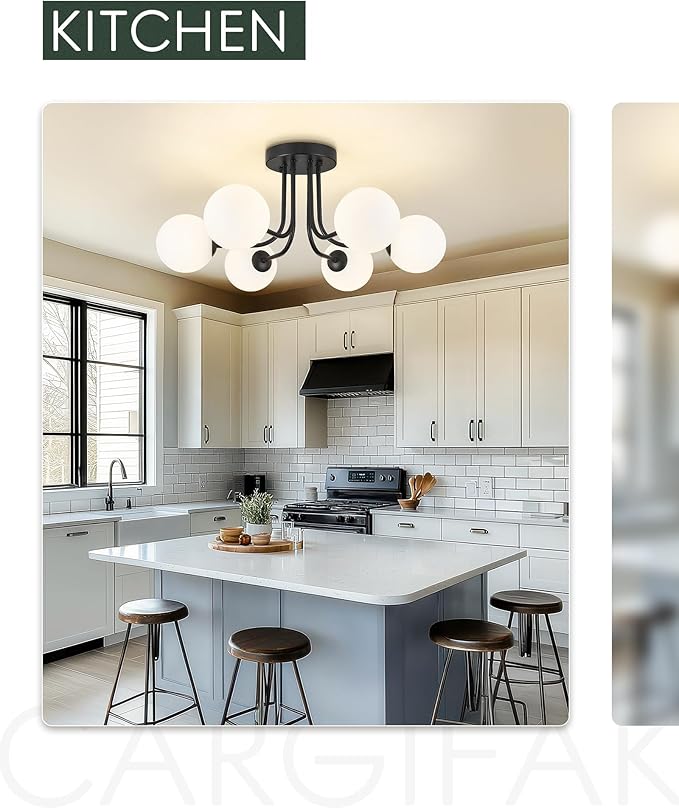 Matte Black Semi Flush Mount Ceiling Light in Modern Farmhouse Design Features 6 Frosted Glass Shades, Ideal for The Living Room, Bedroom, or Dining Room. Model:CKCL4845-6W-BK