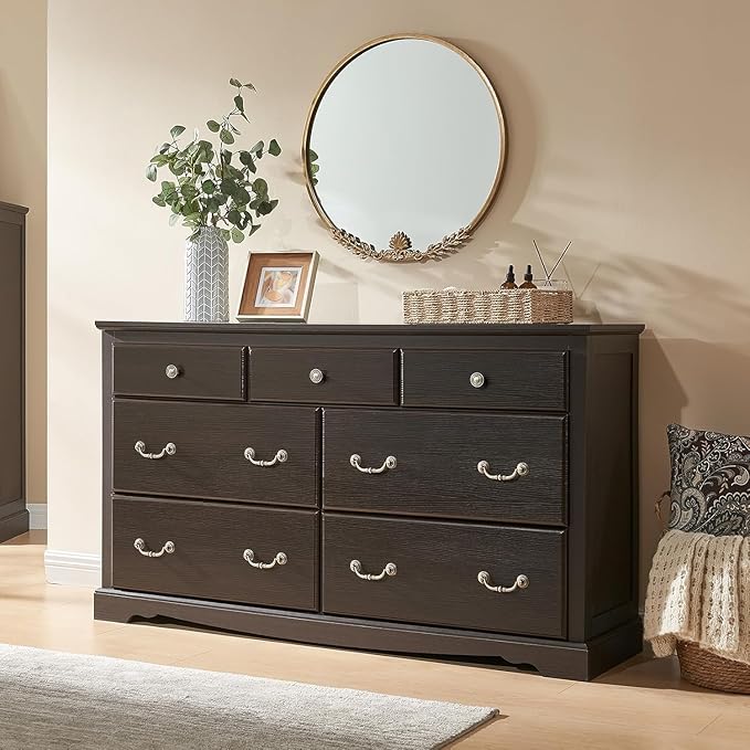AMERLIFE 7 Drawers Dresser for Bedroom, Farmhouse Chest of Drawers with Vintage Metal Handle, Wooden Dresser Organizer for Hallway, Espresso