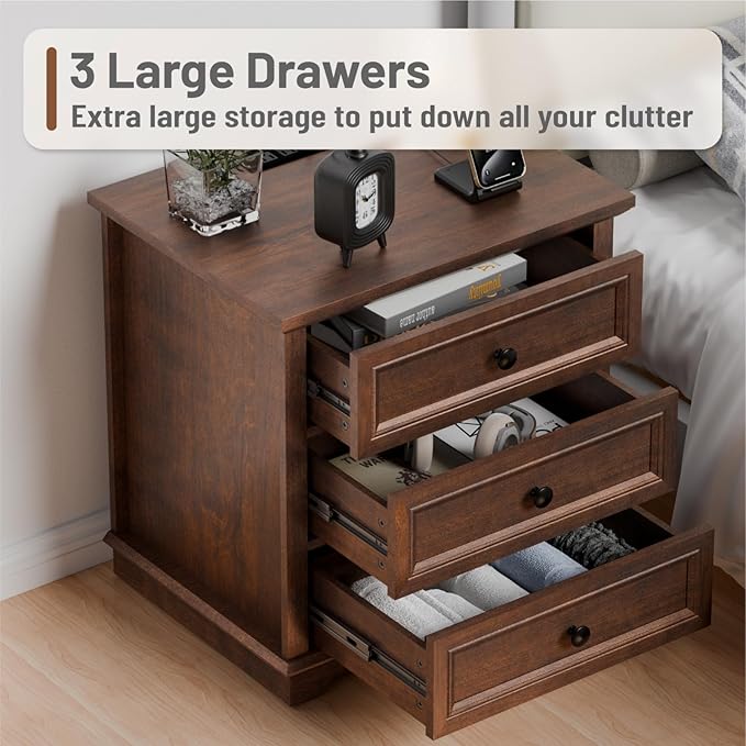 3 Drawer Dresser, Chest of Drawers with Charging Station, 24” Wide End Table with 3 Drawers, Modern Bedside Table with Storage, Wooden Small Dresser. (Cherry)