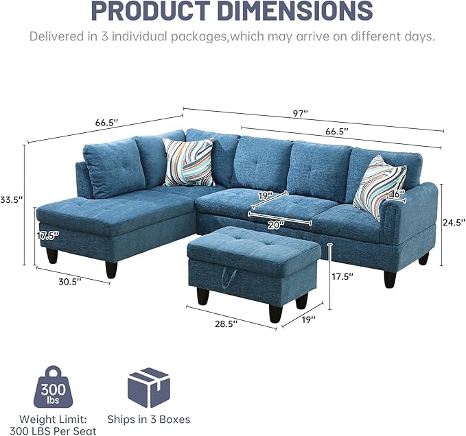 L-Shape 3-Piece Cloud Sofa, Couch for Living Room, Blue Flannel Fabric L-Shape with Reversible Chaise & Storage Ottoman, Ergonomic 110–115° Recline, Solid-Wood Frame