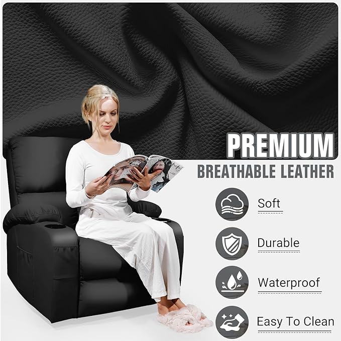 LEVELEVE Rocking Recliner Chair, Massage Rocker Recliner Chair with Vibration Massage and Heat, 360° Swivel Faux Leather Chairs, Living Room, Bedroom, Nursery, RV, Black