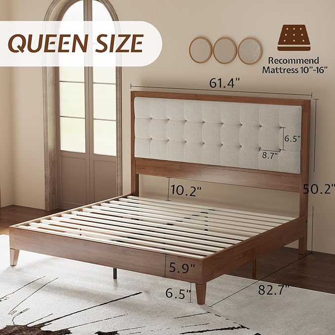 Jocisland Wood Queen Size Bed Frame,Tall Upholstered Tufted Headboard, Solid Wood Platform, No Box Spring Needed, Walnut