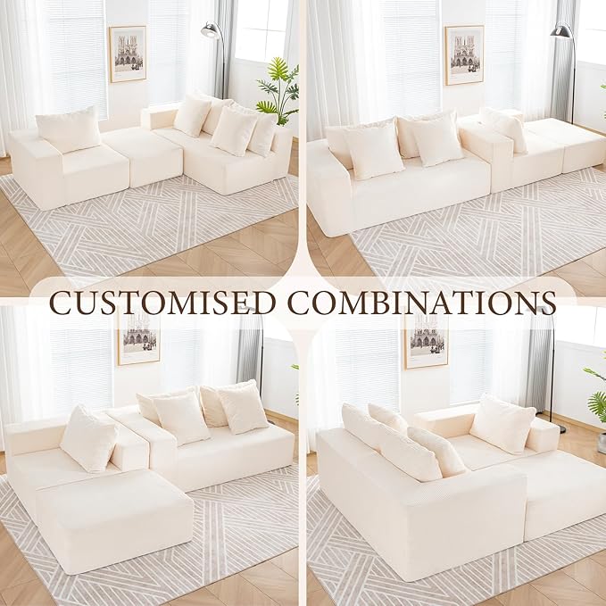 INGEROOM 108" Cloud Sectional Couch with L-Shape Chaise, Modular Sofa Memory Foam, Boneless Sofa with Movable Ottoman, Upholstered Couches for Living Room Bedroom, No Assembly Required, Beige