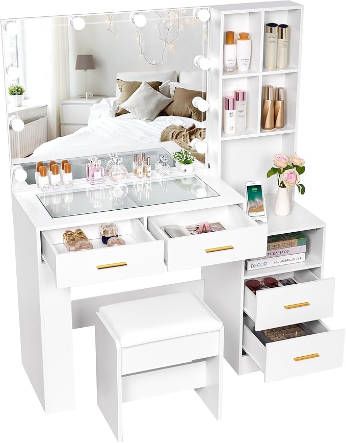 BEWISHOME White Vanity Desk with Mirror and Lights,Makeup Vanity Set with Glass Top,Large Dressing Table with Charging Station,4 Drawers,Nightstand,Stool,Makeup Desk for Girls Women Bedroom FST28W