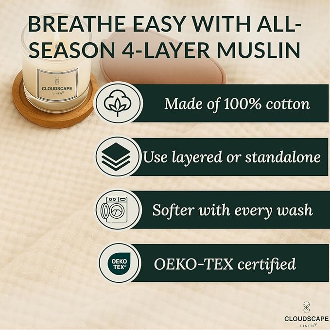 Extra Large 4 Layer Muslin Throw Blanket, 100% Cotton Blanket for Couch, Bed,Sofa, Home Decor,Pre-Washed Gauze, Best Summer Blanket, 50x70, Ivory