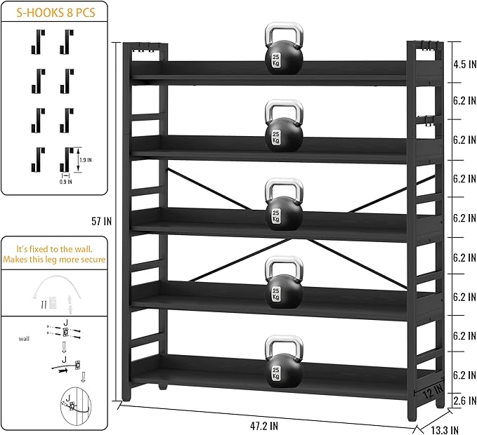 HCHQHS 5 Tier Bookshelf, Adjustable Industrial Bookcase, Vertical Tall Book Shelf, Wood and Black Metal Open Bookshelves for Home Office, Living Room, Bedroom