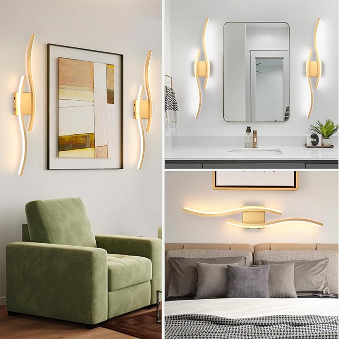 Modern LED Wall Sconce Set of Two, Battery Powered Wall Sconces Set of 2 with Timer, Gold Wall Light with Remote, LED Wall Lamp Indoor not Hardwired for Bathroom Living Room Bedroom Corridor