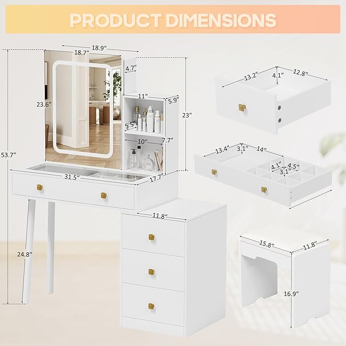 KAMABOKO Vanity Desk with Sliding Mirror and Lights, Makeup Vanity Table with 4 Drawers and Storage Rack, Glass Transparent Top Makeup Vanity with Stool for Bedroom (White)