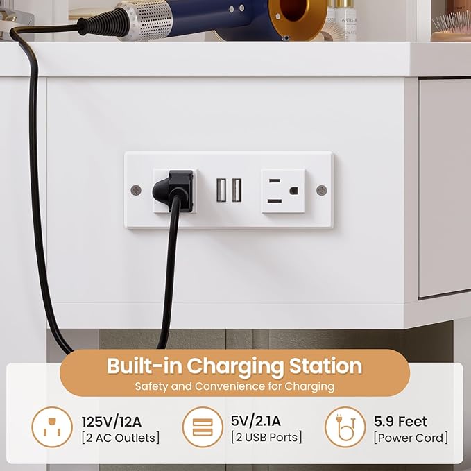 Vanity Desk with Tri-Fold Mirror and Lights, Storage Stool, Corner Makeup Vanities with Drawers & Power Outlet, 3 Light Settings, Dimmable for Bedroom, Women Girls, White