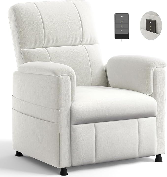 Amada Power Recliner Chair for Adults, Chenille Electric Reclining Chair for Small Spaces with Remote & Side Pockets, Thick Seat Cushion for Home Theater, RV, Living Room & Bedroom (White)