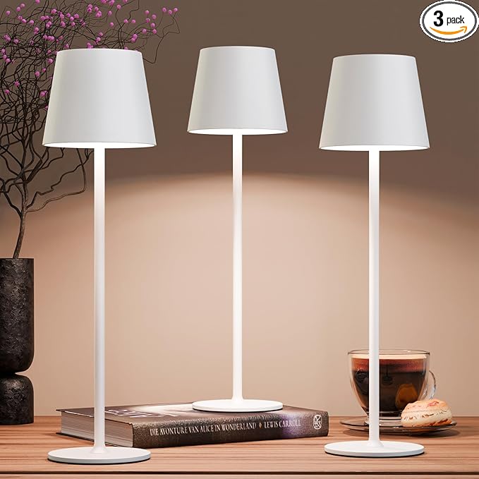uuffoo 3 Pack Rechargeable Table Lamp Battery Operated Cordless Table Lamps with 3 Colors Stepless Dimming, Desk Night Light for Restaurant, Patio, Bedroom, Bar (White)