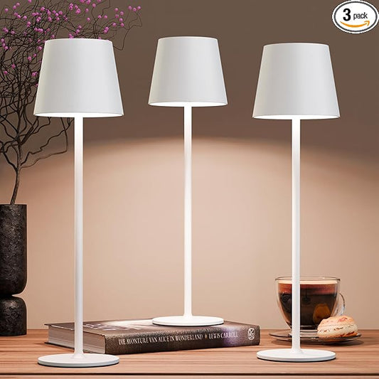 uuffoo 3 Pack Rechargeable Table Lamp Battery Operated Cordless Table Lamps with 3 Colors Stepless Dimming, Desk Night Light for Restaurant, Patio, Bedroom, Bar (White)