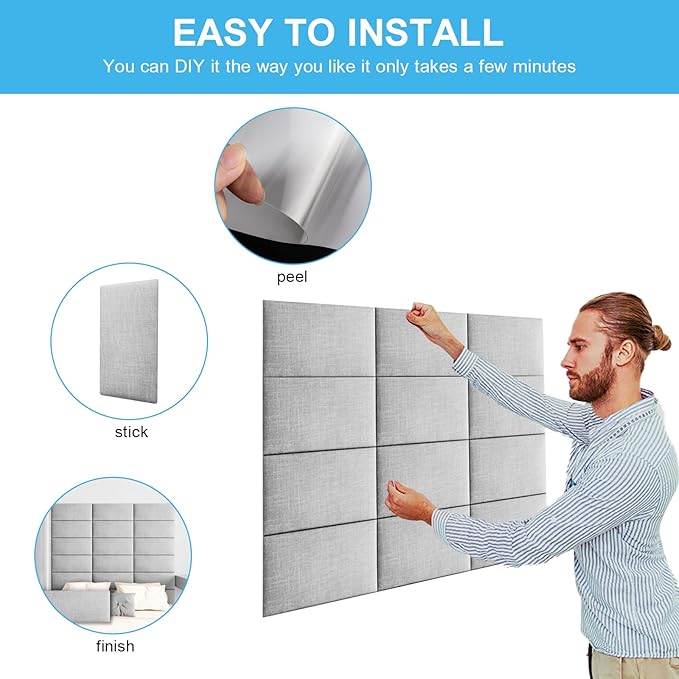 Upholstered Wall Mounted Headboard, 3D Soundproof Wall Panels Peel and Stick, King Size, Tufted, Light Grey (12 Panels, 10" x 24")