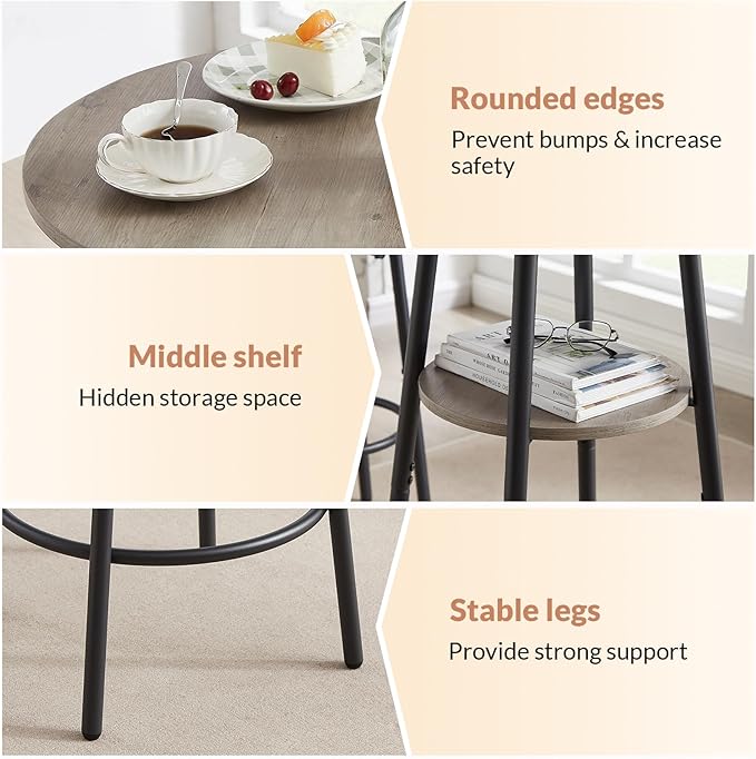 3 Pieces Round Bar Table Set, Small Dining Table for 2, Breakfast Table with Storage, Modern Kitchen Bar Table, 2 Upholstered Stools with Backrest for Kitchen, Dining Room & Bistro-Grey