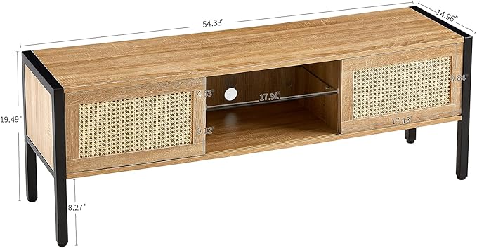 TV Stand, 54.33" TV Console for TVs up to 65 Inches, Mid Century Modern TV Stand Entertainment Center with Storage, with Rattan Door, Shelves & 2 Cabinets, 16 Color Light Strip, Natural