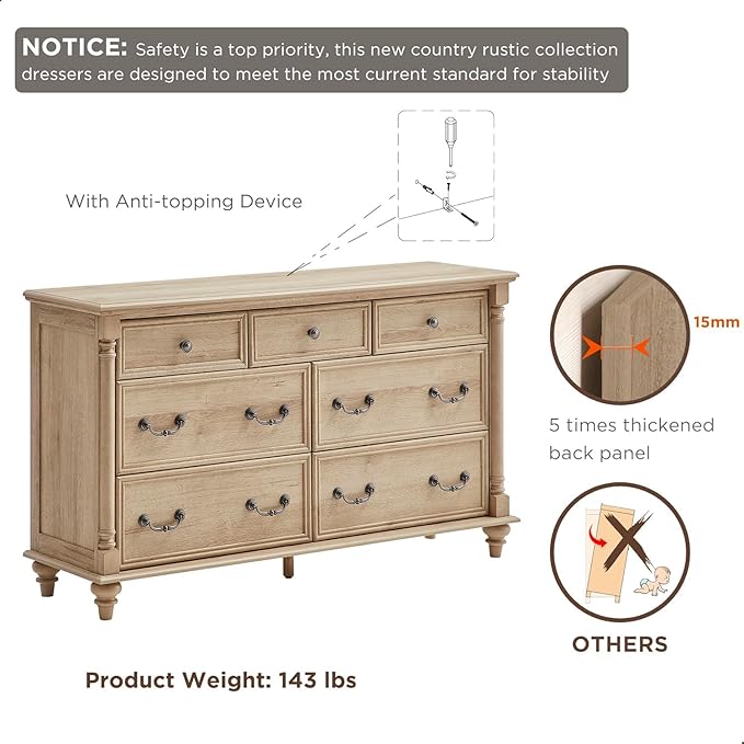 T4TREAM Farmhouse 7 Drawers Dresser Chests for Bedroom with 4 Solid Wood Feet, Tall Wide Wood Country Rustic Chest of Drawers, Storage Dressers for Bedroom, Living Room,Natural Oak