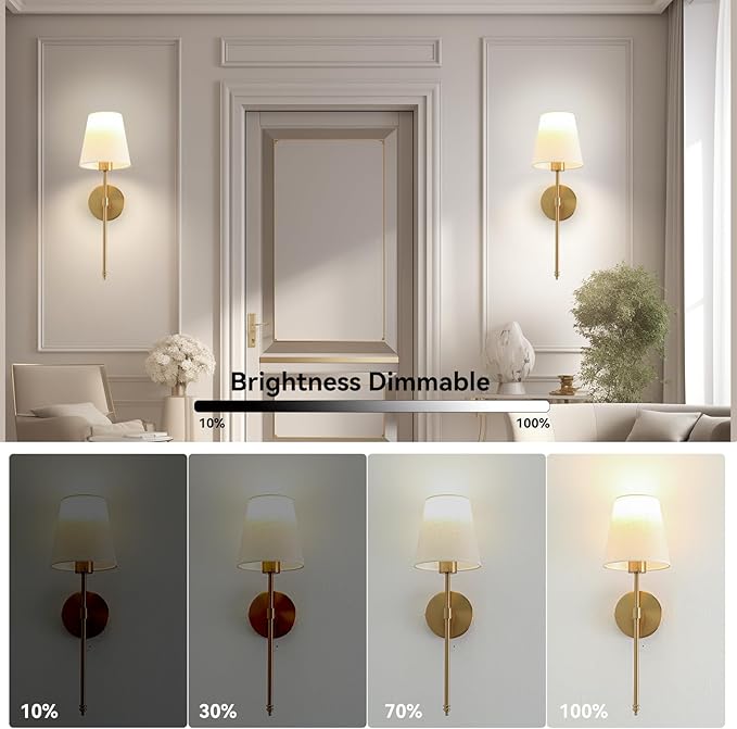 Battery Operated Wall Sconce Set of 2, Gold Rechargeable Wall Lights with Remote Control, Dimmable Wall Sconce Lighting with Fabric Shade, Wireless Wall Lamps for Living Room Hallway