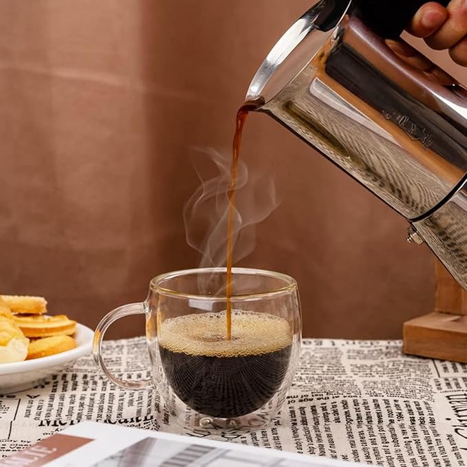 Espresso Cups Set Of 2 5 Oz, Double Walled Glass Coffee Mugs with Handle,Insulated Layer Coffee Cups,Clear Borosilicate Glass Mugs,Perfect for Cappuccino,Tea,Latte,Espresso,Hot Beverage,Wine