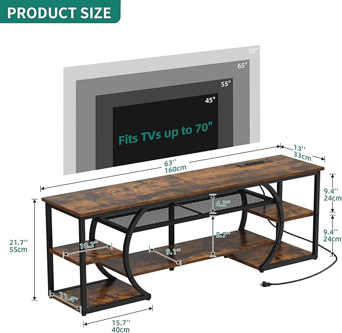 YITAHOME TV Stand for 65/70 Inch TV, LED TV Stands for Living Room w/Power Outlets, Entertainment Center with Storage, Wood Television Stand, TV Console Table, Rustic Brown