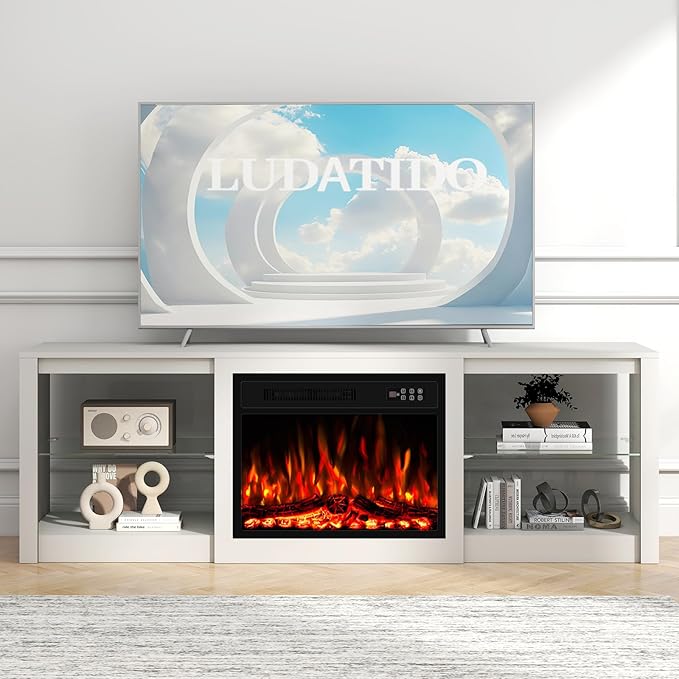 Ludatido 70 Inch Fireplace TV Stand with 23" Fireplace Insert, Entertainment Center with 14-Color LED Lights, Open Storage, Adjustable Glass Shelves, White TV Stand for Living Room Fits up to 80" TVs