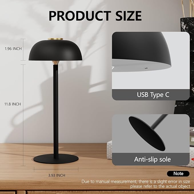 Portable 12-Inch Cordless LED Table Lamp, Rechargeable 3-Color Dimmable Light, Bedside Lamp for Bedroom, Desk, Outdoor, Dining Room, and Camping (Black)