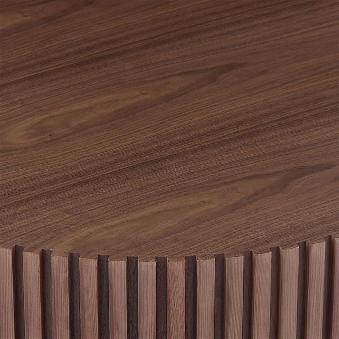 Round Coffee Table for Living Room, Accent Fluted Drum Coffee Table with Storage, Modern Solid Wood Circle Center Tea Table for Small Space Apartment (35.4''D×14''H-Walnut)
