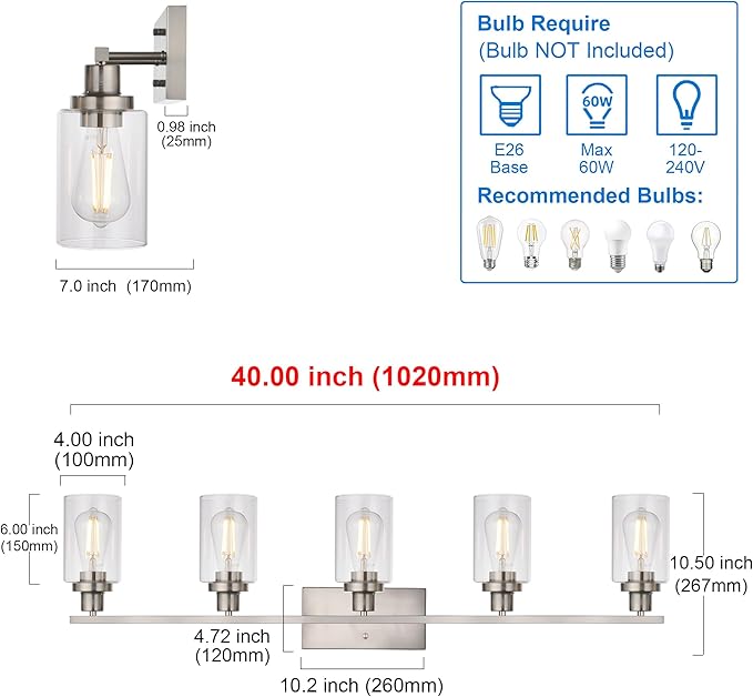 MELUCEE 5-Light Bathroom Vanity Light Brushed Nickel Wall Sconce Modern Light Fixtures Wall Mount with Clear Glass Shade for Porch Bedroom Hallway Kitchen (Patent No.: US D963914 S)