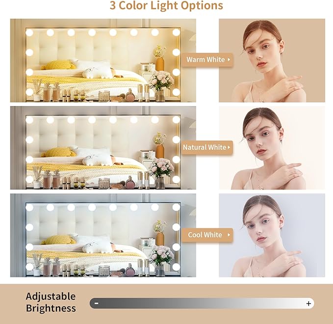 VOWNER Vanity with Lighted Mirror - Makeup Vanity Desk with Lights and 11 Drawers, 3 Color Lighting Modes Adjustable Brightness, 46" Makeup Desk with Soft Cushioned Stool for Bedroom, Black