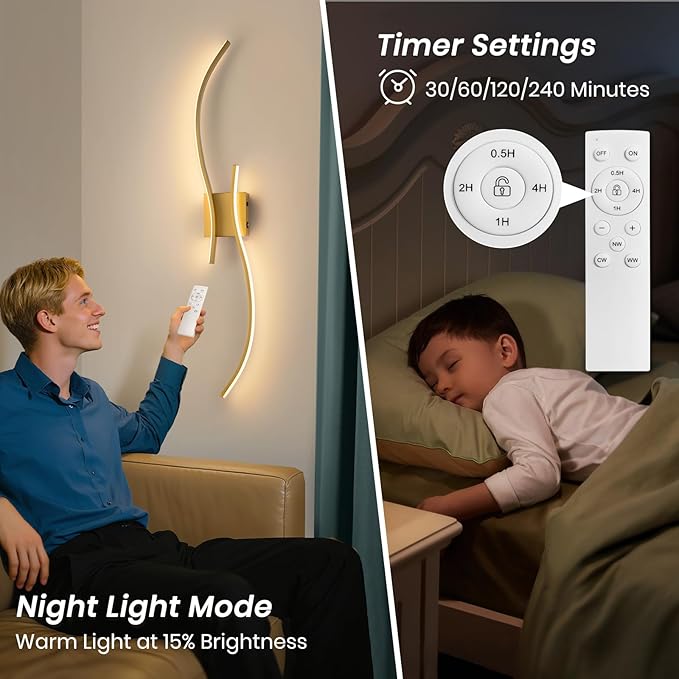 CANEOE Battery Operated Wall Sconce Set of 2, 18000mAh Gold Rechargeable Wall Lights with Remote Control,3000K-6000K Dimmable LED Wireless Wall Light for Living Room Bedroom Hallway,39.3 Inch (Gold)