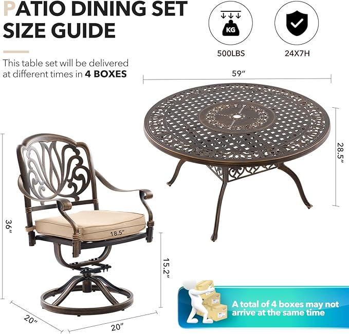 7 Piece Outdoor Dining Set Cast Aluminum, Retro Patio Dining Furniture Set for 6 Includes 54’’ Round Table 6 Chairs with Thicker Cushion and Umbrella Hole for Patio Deck Garden