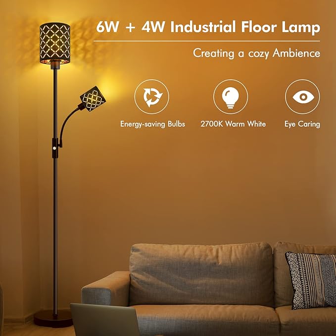 Gothic Black Floor Lamp with Adjustable Reading Light, 71" LED Torchiere Standing Lamp with Gold-Lined Shade, 3-Way Switch, Bulbs Included — Moody Industrial Decor for Bedroom & Living Room