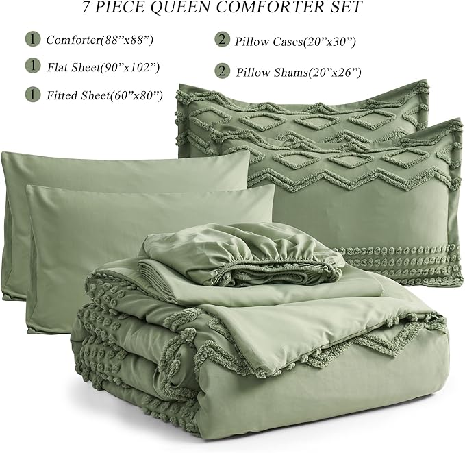 Sage Green Tufted Comforter Set Queen Size 7 Piece Bed in a Bag, Shabby Chic Boho Comforter and Sheet Set, Pom Pom Textured Bed Set, All Season Soft Microfiber Complete Bedding Set(Green,Queen)