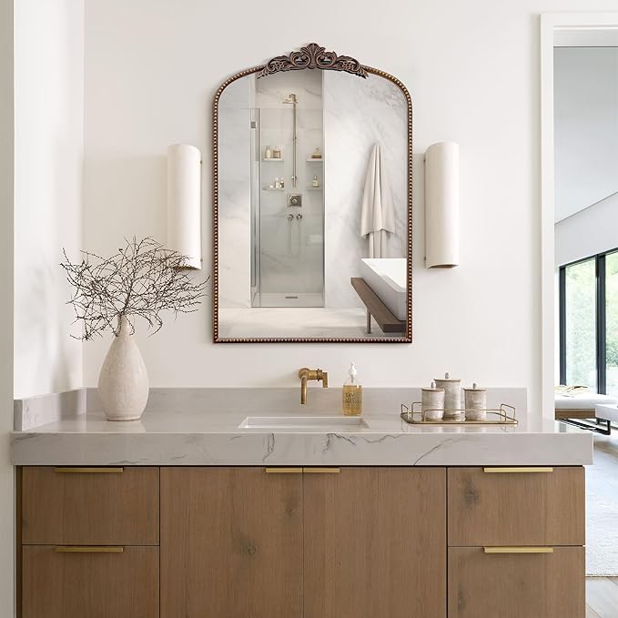 Micasso Traditional Ornate Metal Frame Arch Wall Mirror Baroque Vintage Vanity Mirror for Bathroom, Mantel, Bedroom, Antique Bronze 36"x 24"