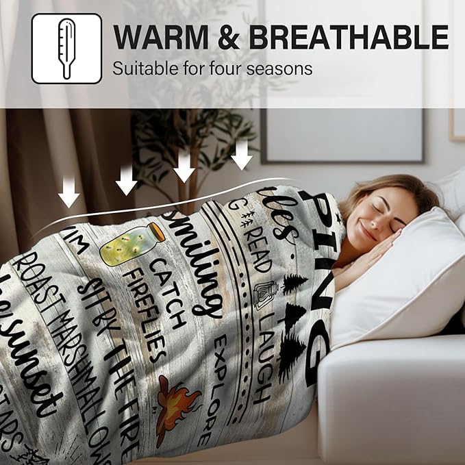 Camping Gifts for Women Men, Camp Blanket Gifts for Camper Lovers, Happy Campers Decor Outdoor Travel Hiking 50" x 60", Camping Rules Throw Blanket for Fathers Day