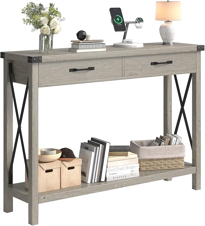 43” Entryway Table with Drawers, Narrow Console Sofa Table with Storage & Shelves, Farmhouse Entryway Console Table for Hallway, Living Room - Grey