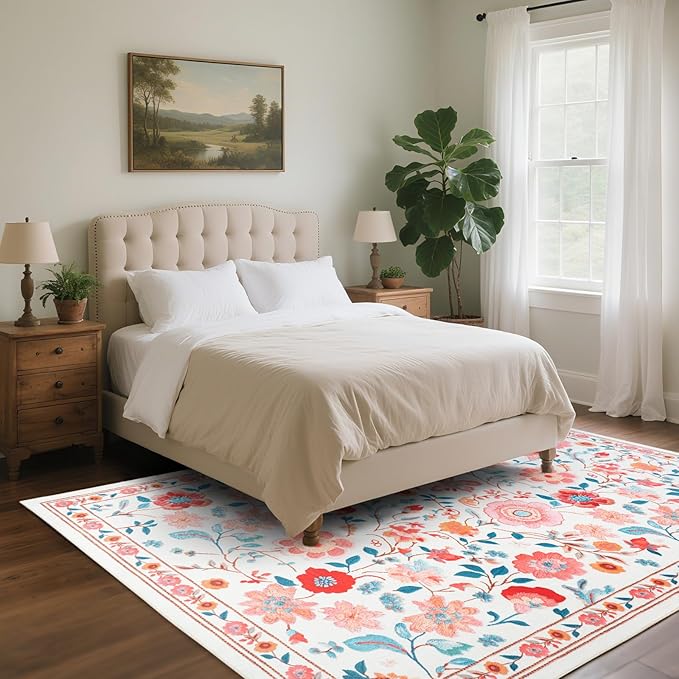 9x12 Area Rug for Living Room Clearance, Modern Washable Rug Non Slip Low Pile Floral Rugs for Living Room, Bedroom, Farmhouse, Dining Room, Kids Playroom, Beige